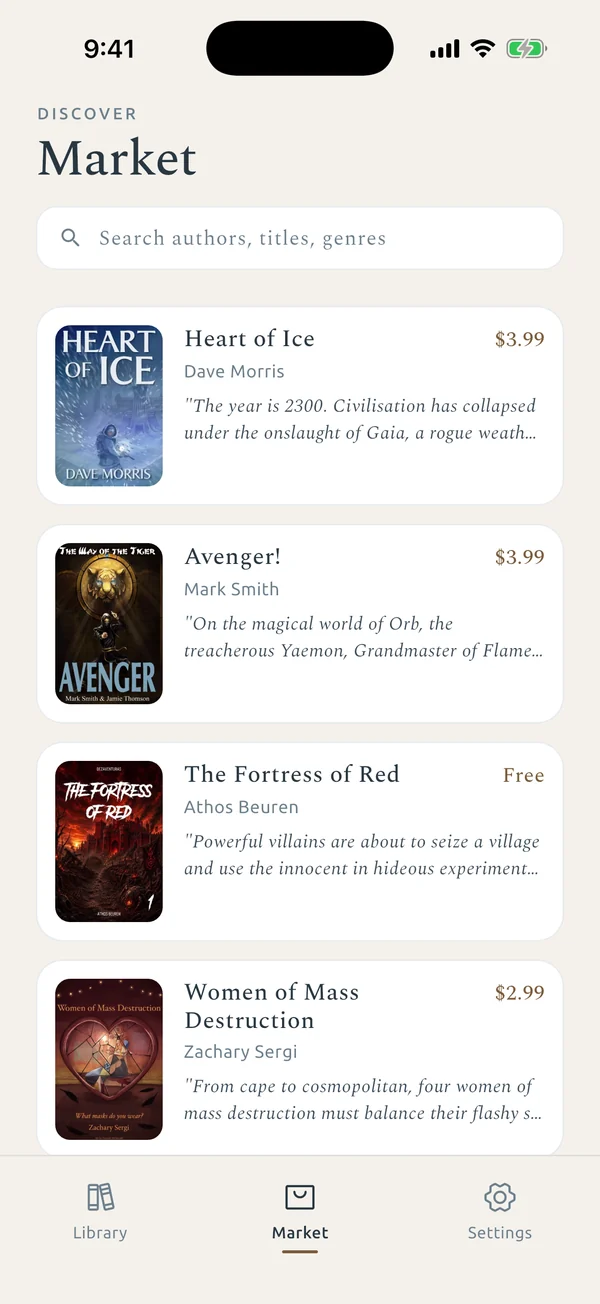 The app's market, with Heart of Ice, Avenger!, The Fortress of Red and Women of Mass Destruction